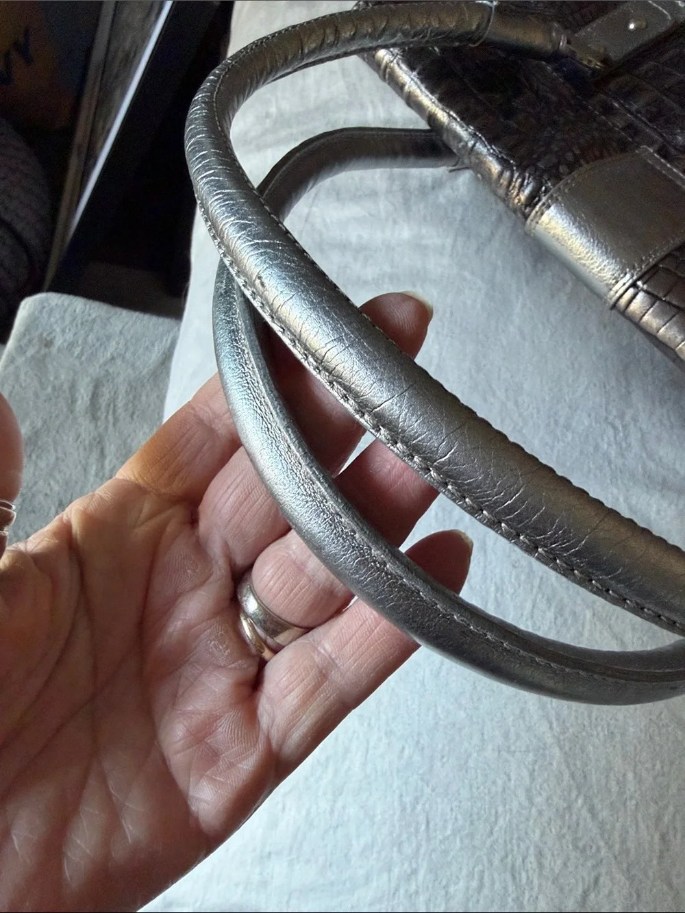 RIPANI Silver Pewter Croc-Embossed Satchel with Medallion Detail